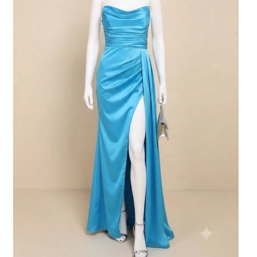 Lulus Turquoise Blue Satin Strapless Ruched Maxi Dress Side Slit Sash Size M